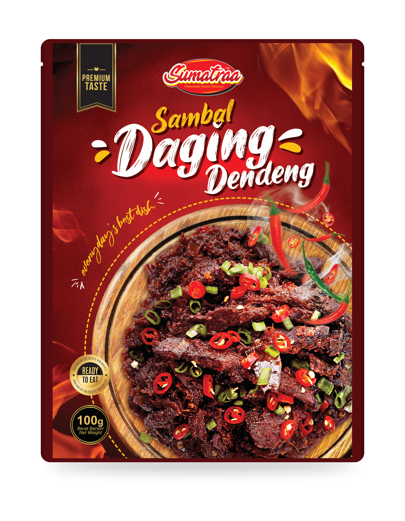 Beef Sambal Dendeng printed pouch front, artwork-based packaging mockup
