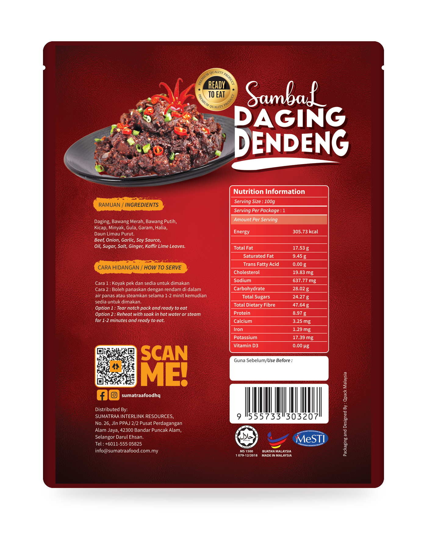 Beef Sambal Dendeng printed pouch back with ingredients and preparation, artwork-based packaging mockup